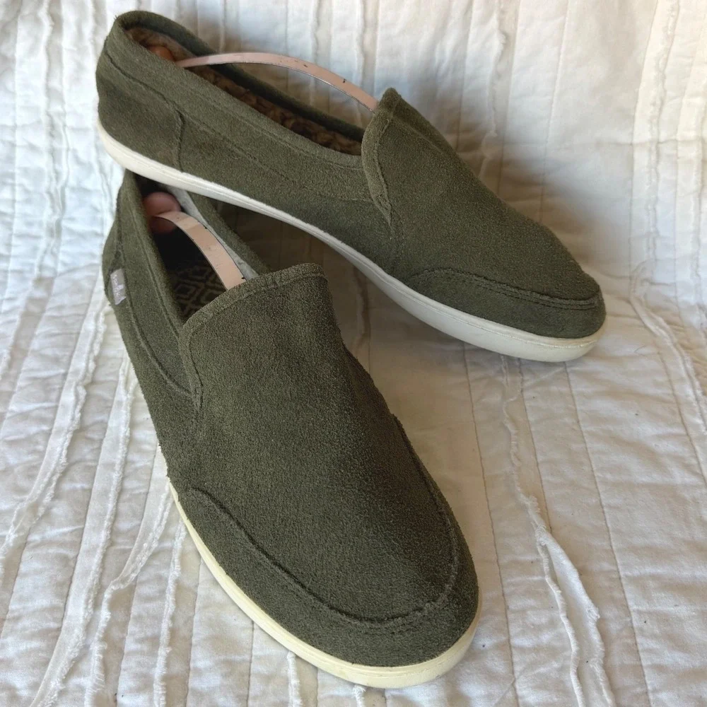Sanuk Pair O Dice Chill Suede Slip On Olive Green Faux Fur Lined Womens 8.5